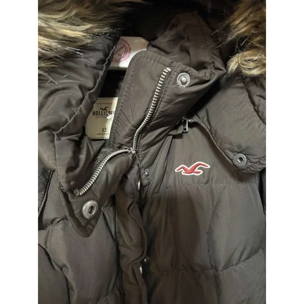 Vintage Brown Fur Hooded Hollister Women's Puffer Jacket Size XS Y2K RARE HTF - Picture 2 of 4